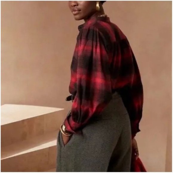 Banana Republic Plaid Flannel Shirt Blouse Long Sleeves Black White S - Picture 15 of 15